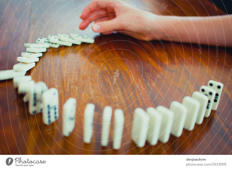 Domino the parlour game Playing Colour photo Tumble down Toys Leisure and hobbies Fingers Success Hand Human being Joy Movement Day Chain reaction Parenting