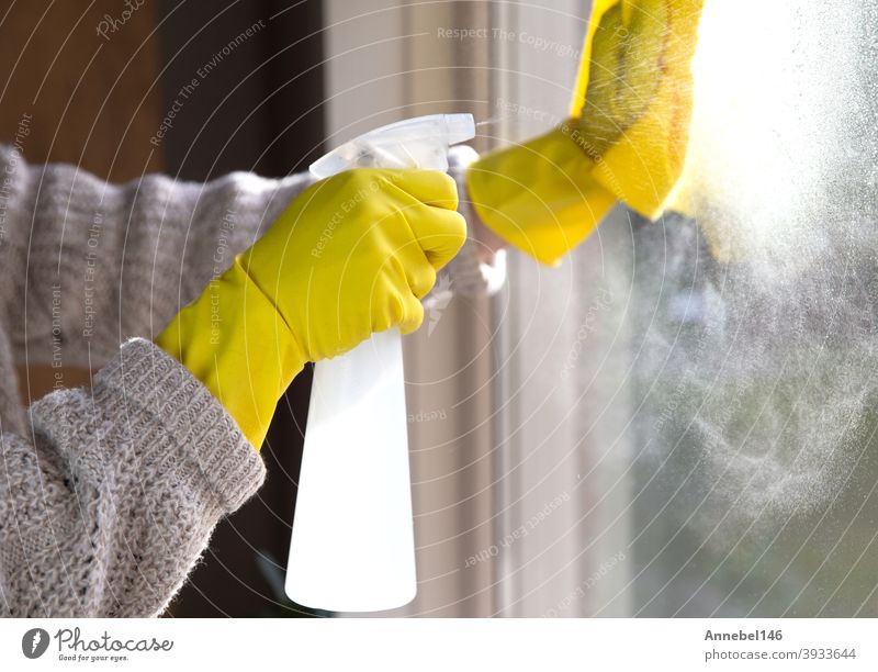 Cleaning a window with spray detergent, Yellow rubber gloves and dish cloth on work surface concept for hygiene, business and health concept antibacterial