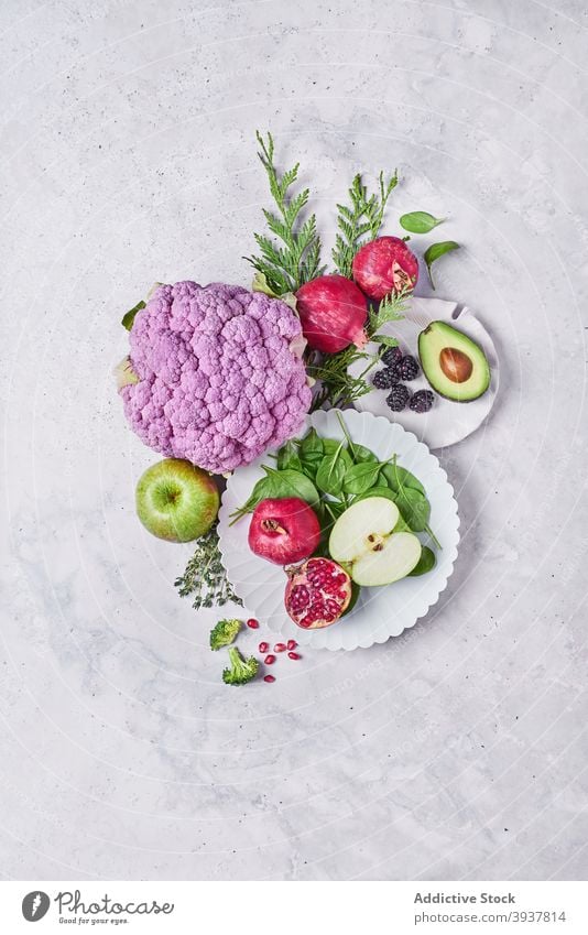 Various fruits and vegetables placed on table healthy food concept composition fresh ripe various assorted vitamin diet organic vegetarian vegan natural