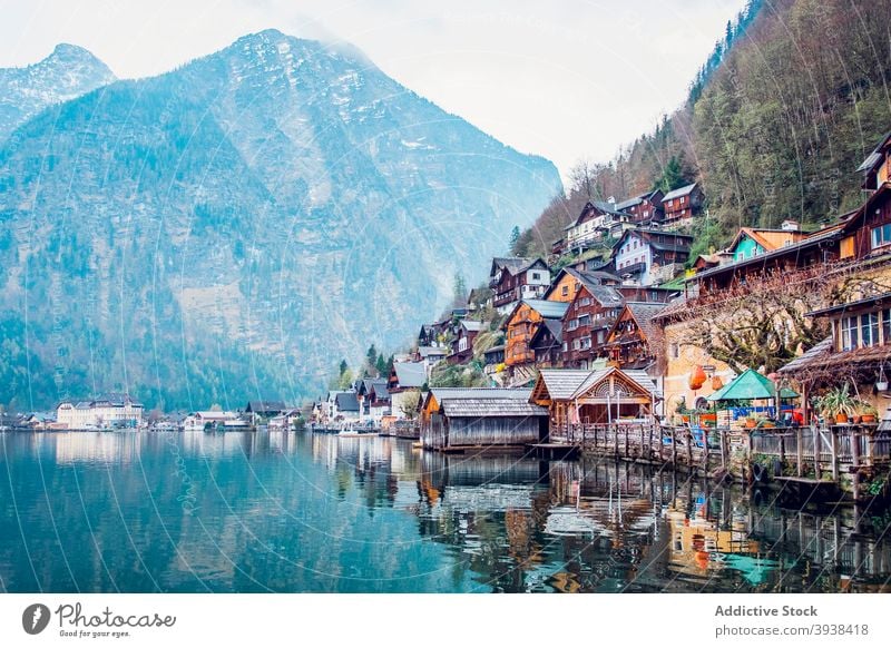 Small picturesque town on lake shore in mountainous Salzkammergut region church landscape architecture scenic heritage sightseeing wanderlust village lakeside