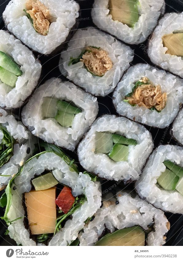 sushi Sushi Food Rice Japan Healthy Seafood Restaurant Dinner Roll Fish Salmon Lunch Tuna fish Japanese Chopstick Sushi Roll Gourmet Delicious Algae vegetarian