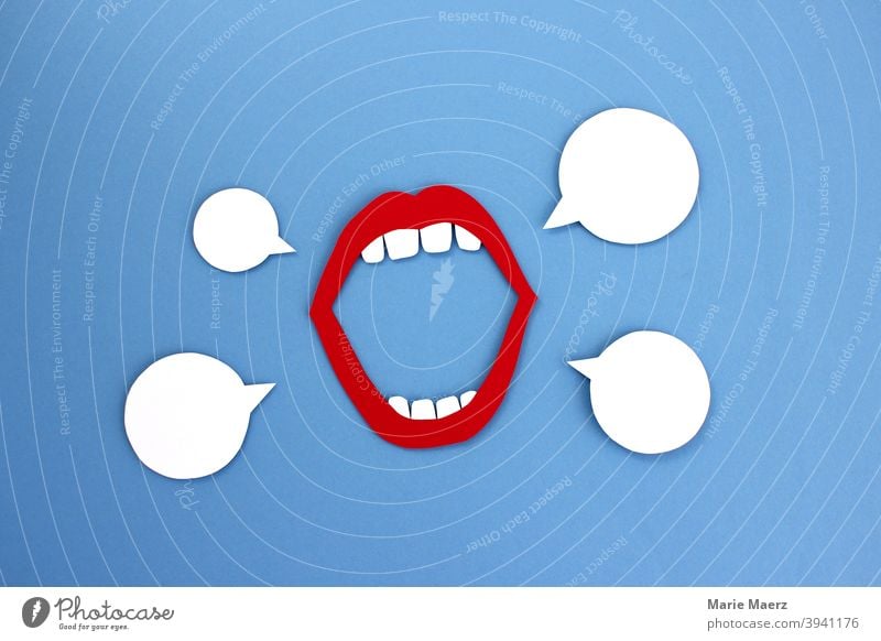 Red mouth with speech bubbles paper illustration Mouth Lips talk shout Speech bubbles Remark Woman Lipstick Communicate communication Advertising Loud