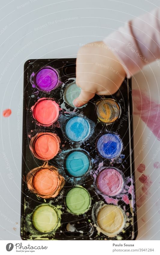 Close up child playing with watercolor Watercolor Close-up Hand colorful Color gradient Child Kindergarten Colour Multicoloured Paper Creativity