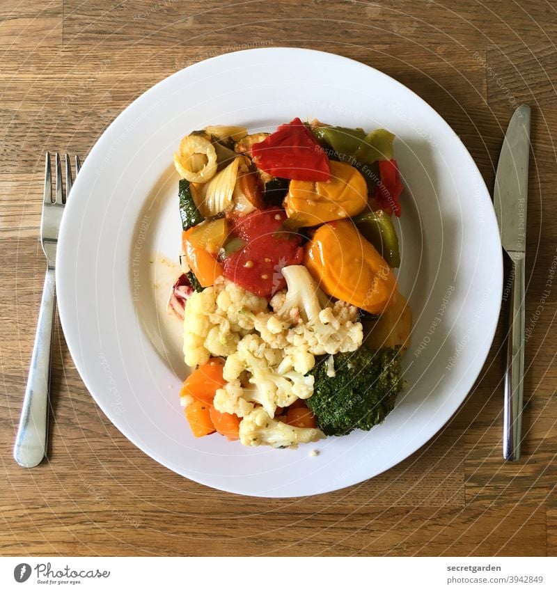 Contribution to the worldwide Veganuary. Eating mealtime food scraps Plate Table Lunch hour Knives Minimalistic astronaut food Cutlery Nutrition Colour photo