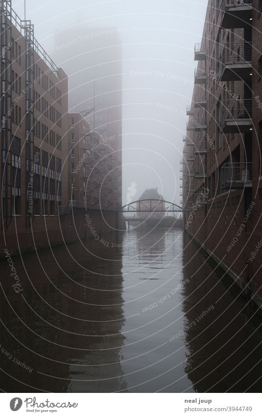 Hamburg, Speicherstadt in the morning mist storehouse city Fleet Fog Diffuse foggy Monochrome Subdued colour Landmark Tourism City trip Season Autumn Winter