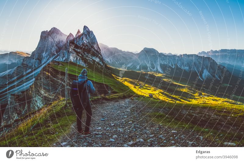 A hiker man hiking in Seceda, Dolomites, Italy dolomiti Hike Hiking Hiker Mountain mountains trekking travel outdoor view scenic landscape tourist freedom