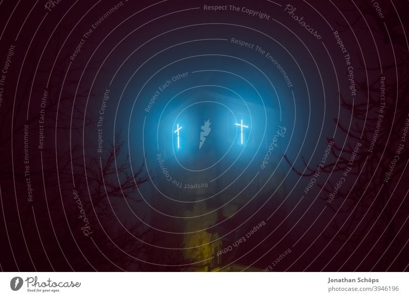 shining cross at the church tower at night in the fog embassy Chemnitz Christianity believe God Hope Jesus Church Church spire Crucifix Light Fog neon tube