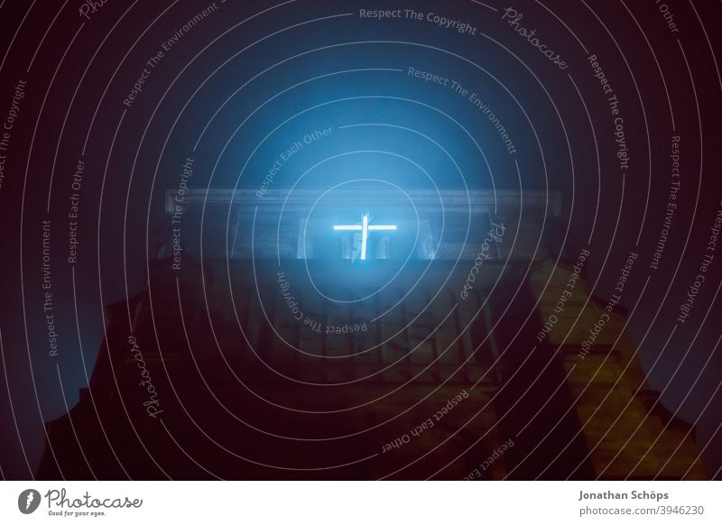 shining cross at the church tower at night in the fog embassy Chemnitz Christianity believe God Hope Jesus Church Church spire Crucifix Light Fog neon tube