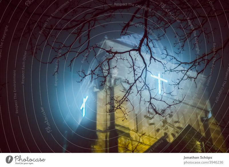 shining cross at the church tower at night in the fog embassy Chemnitz Christianity believe God Hope Jesus Church Church spire Crucifix Light Fog neon tube