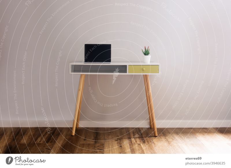 Modern workspace with laptop and flower on desk modern job home screen floor wooden table wall mockup indoor photo studio business computer decoration empty