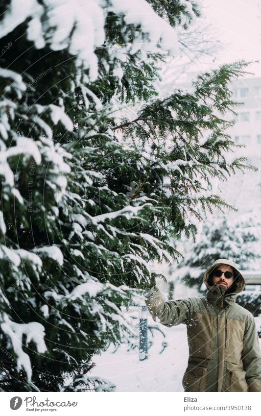 Man in the snow Snow Winter winter landscape Tree snow-covered Winter mood Landscape Winter's day Cold White Fir tree trees