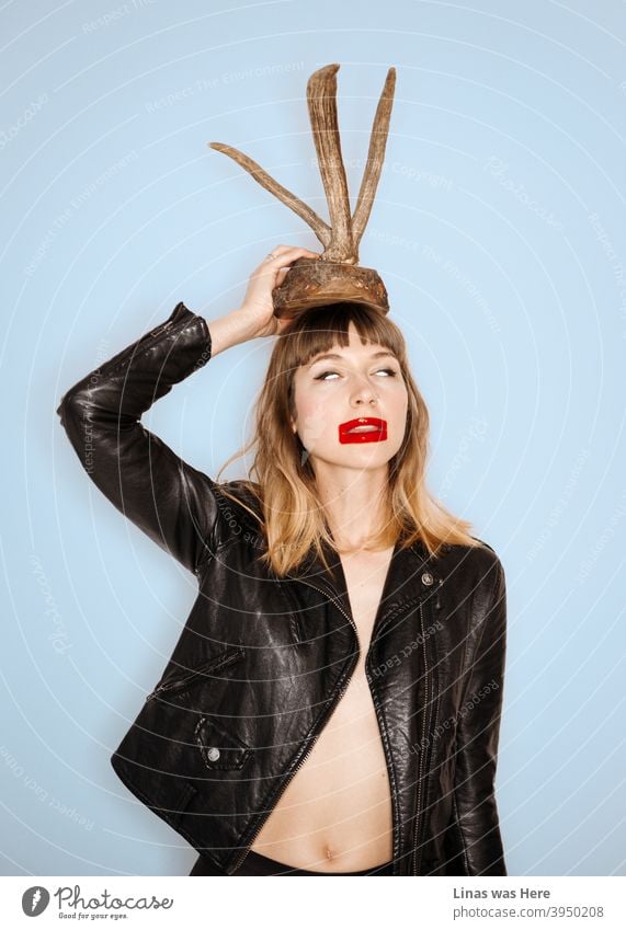 Wild girl in the studio is getting horny. She is literally holding horns above her head. The brunette model has nothing under a black leather jacket. Some expressionistic makeup is used as well.