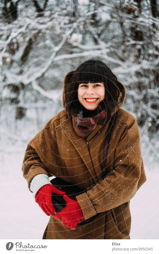 In love with snow in winter - A young woman stands in the snow and smiles with joy Snow Joy Winter Woman Laughter Brunette Joie de vivre (Vitality) Snowscape