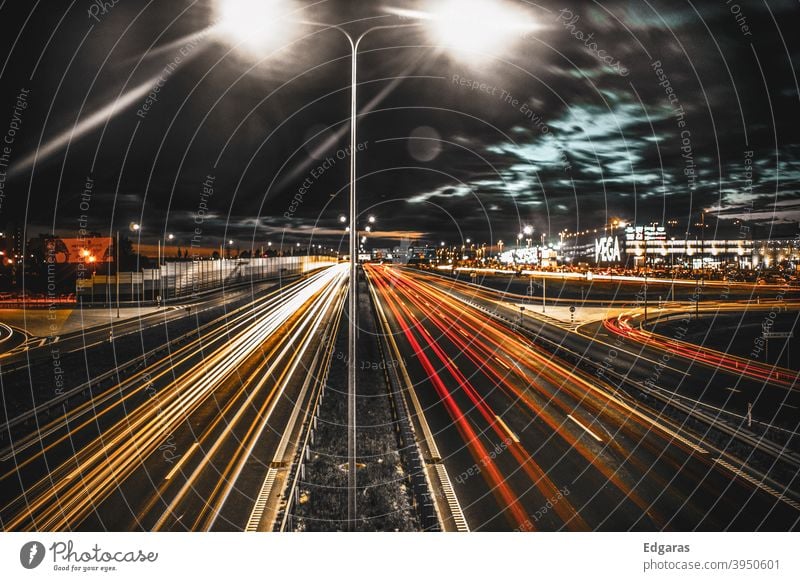 Cars traffic light trails in autobahn at night cars Trails automobile Night Long exposure Long shot Night shot Movement Traffic light Road traffic Exterior shot