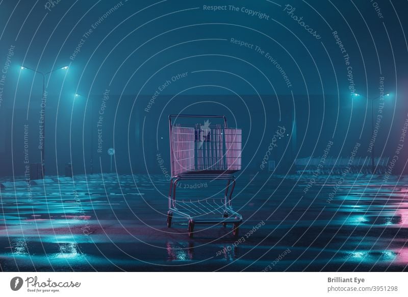 illuminated shopping cart on abandoned, foggy parking lot. Concept Lockdown Stands Outdoors Shopping center Mall Commerce Street Commercial Parking Metal