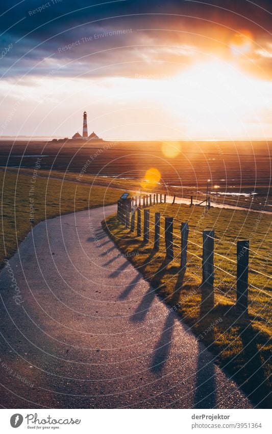 Sunset at the lighthouse Westerheversand on the peninsula Eiderstedt I Wide angle Panorama (View) Long shot Worm's-eye view Deep depth of field Sunlight