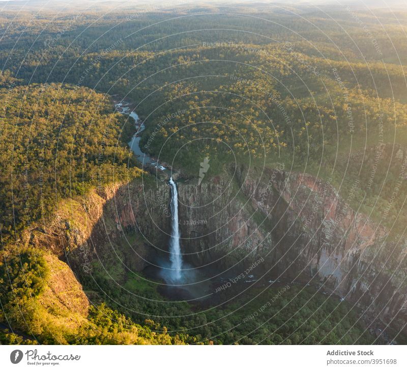 Amazing landscape of waterfall flowing in rocky ravine among lush green forest in sunlight cliff nature tree vegetate river stream spectacular scenic