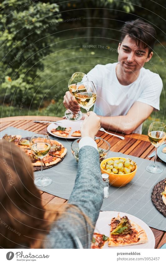 Friends making toast during summer picnic outdoor dinner in a home garden backyard beverage celebration dish drink eating family feast food friends fun