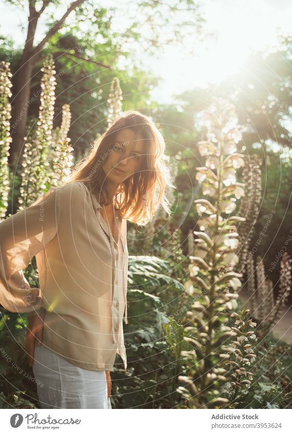 Carefree woman in park in summer carefree nature tranquil tender sunny garden calm female peaceful rest daytime green relax young serene harmony stand enjoy