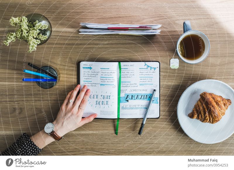 Morning Journal Photo workspace white mug copy space table journal hot drink fresh morning breakfast cup plan diary coffee wooden indoors Desk notebook Office