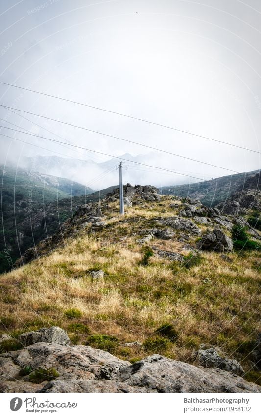 Mountain landscape - Corsica Meadow Fog Nature Landscape Clouds Sky Environment Summer Wilderness power line Rock Exciting Silhouette Vacation & Travel France