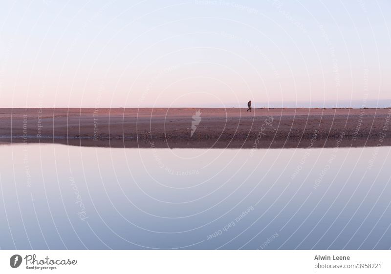 Lonely person walking on the beach Loneliness lonely Long shot Landscape Beach North Sea Ocean Reflection Dusk Evening Sky