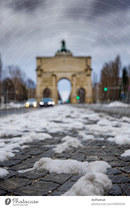 Munich, Siegestor with snow in shallow depth of snow Victory Gate Bavaria dof Snow Tourist Attraction Winter Winter mood Cold blurred background Frost