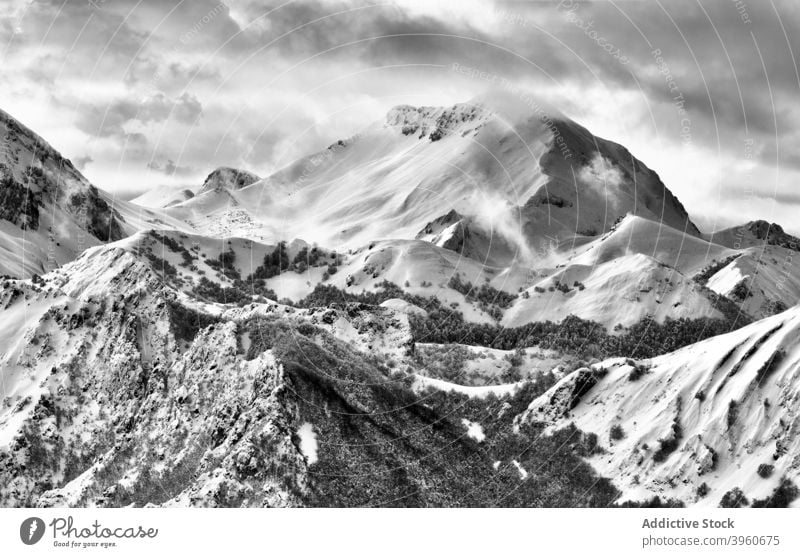 Amazing view of snowy mountains in winter landscape scenery range highland wintertime scenic spectacular frost cold picturesque majestic season breathtaking