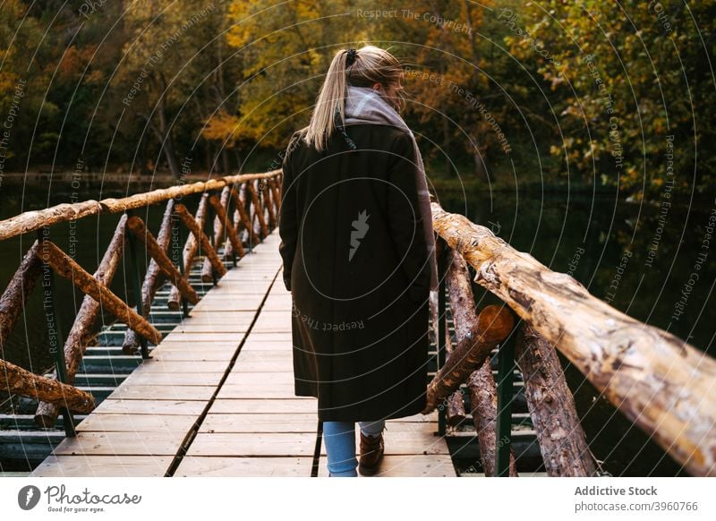 Woman on wooden bridge in autumn forest woman river walk stroll footbridge fall water female weekend season nature tree harmony woods serene peaceful enjoy calm