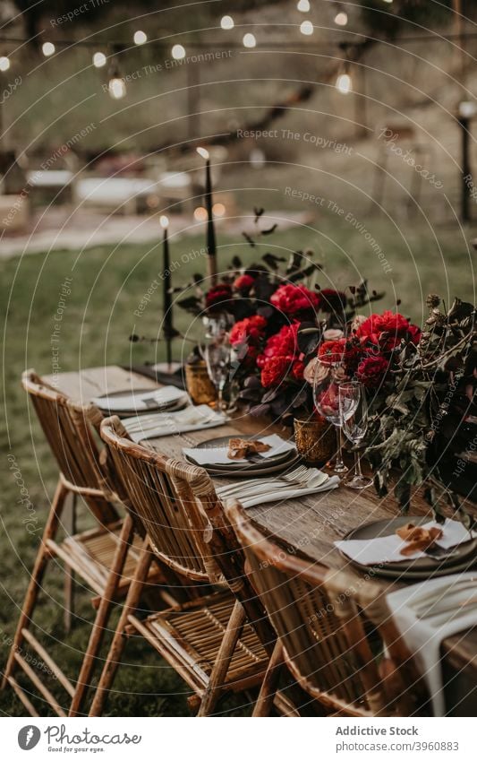 Served table for banquet in garden table setting wedding event tableware celebrate ceremony flower summer rustic boho serve holiday plate festive decoration