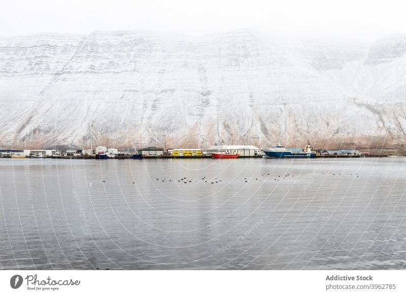 Boats in fishing village in mountainous terrain winter boat snow sea moor vessel landscape iceland scenic pier water sky nature cold picturesque quay