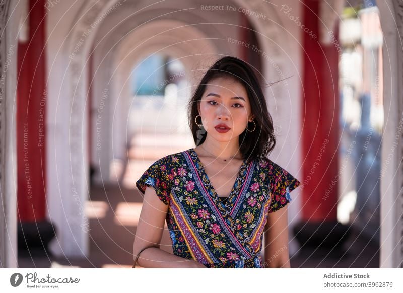 Cheerful ethnic woman standing in arched passage tourist sightseeing bridge archway smile traveler landmark female asian cikang overpass taiwan destination