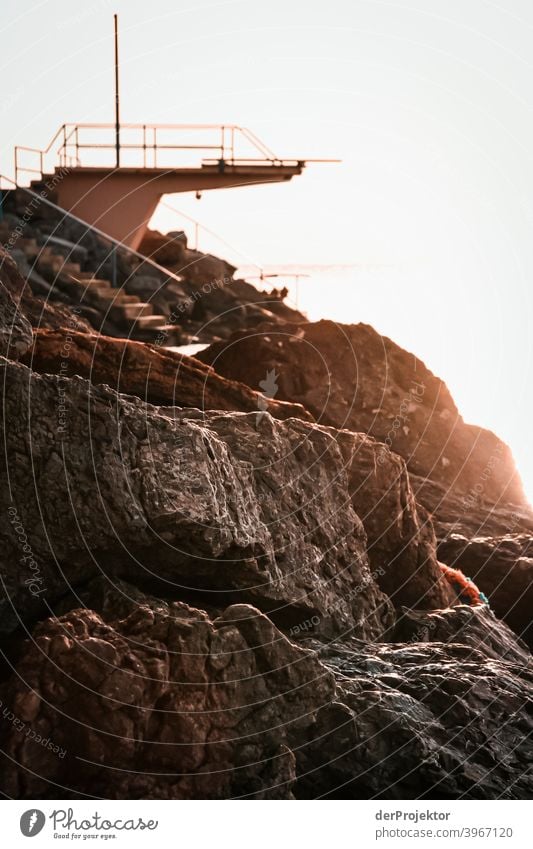 Diving tower on the rocky coast of Opatija relaxation Esthetic Adriatic Sea Island Deep depth of field Colour photo Exterior shot Vacation destination Old town