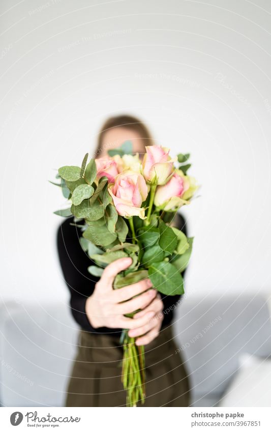 Woman holding bouquet of flowers Bouquet Gift Flower Plant Love pink Valentine's Day Mother's Day Blossom Pink Donate Colour photo Close-up