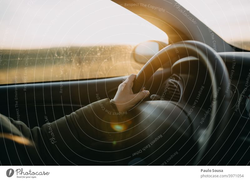 Close up hand on steering wheel Steering wheel Drive Driving Driver Taxi Sunset Car Woman Transport Vehicle Vacation & Travel drive Sunglasses