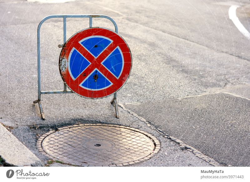 road sign asphalt street city sofia sewerage cover prohibition