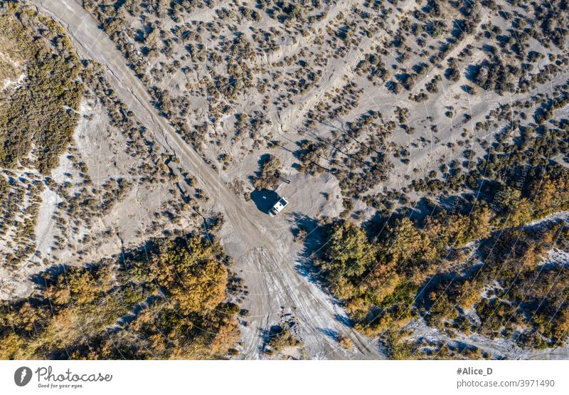 Aerial view of wild camping in Tabernas desert Almeria Spain adventure aerial Andalusia authentic drone dry europe film set geology landscape location