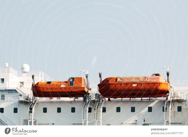 orange dinghies on a ship ferry Navigation Deck Orange Vacation & Travel Tourism Watercraft Trip Ferry Blanket Cruise Passenger ship On board Railing