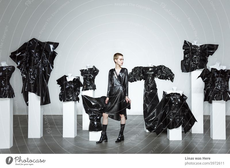 A glimpse from the Fresh Fashion Day at the Ukrainian Fashion Week. Latex, layering, block colors, and a lot of energy. And a gorgeous short hair model posing like a statue with a black latex dress.