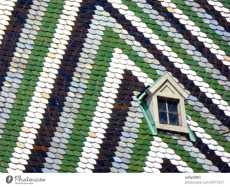 spiritual attic window in Vienna... Roof Window Oriel Skylight Small variegated Roofing tile St. Stephen's Cathedral famous Tourist Attraction