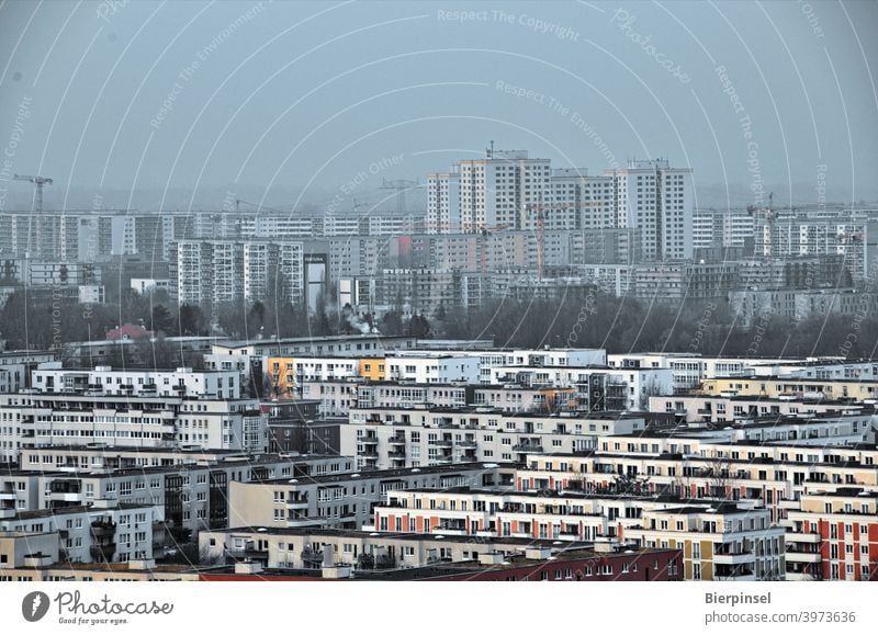 View of the Berlin district Marzahn-Hellersdorf from Kienberg gardens of the world vantage point Panel buildings Residential blocks of flats Rented apartments