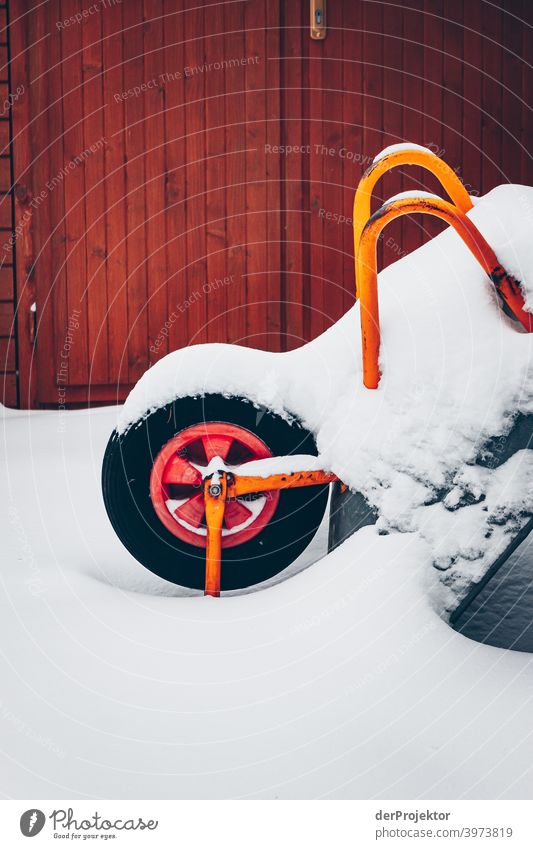 Wheelbarrow covered with snow Winter mood Winter vacation Esthetic Snow Exceptional Copy Space middle Sunlight Copy Space bottom Copy Space top Deserted