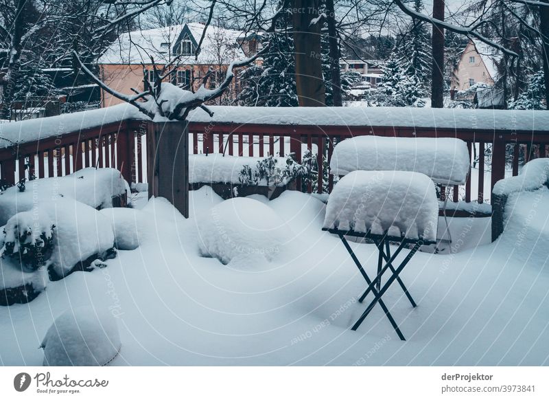 Terrace covered with snow Winter mood Winter vacation Esthetic Snow Exceptional Copy Space middle Sunlight Copy Space bottom Copy Space top Deserted