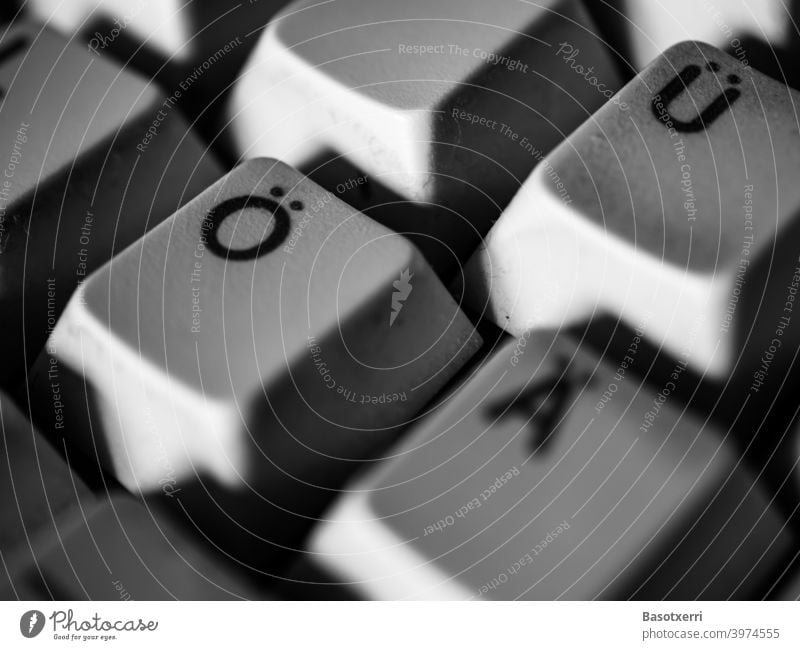 Macro shot of a German PC keyboard, a bit dirty with light and shadow and in black and white Keyboard pc Computer science Close-up Macro (Extreme close-up)