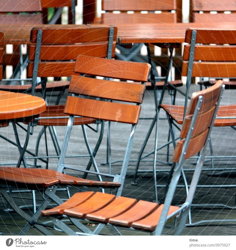 Waiting for customers (1) | corona thoughts Chair Table chairs Gastronomy Beer garden Empty Metal Wood Lonely at the same time in common free time Break