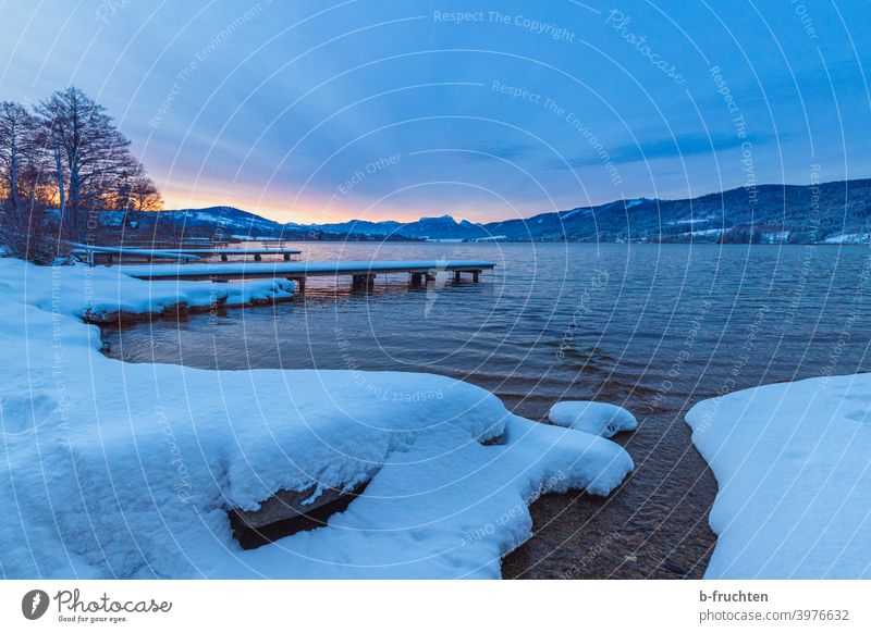 Morning atmosphere at the lake, cold winter morning Lake Snow Winter Ice Cold Water White Footbridge Calm Lakeside Environment Deserted Sky Loneliness Landscape