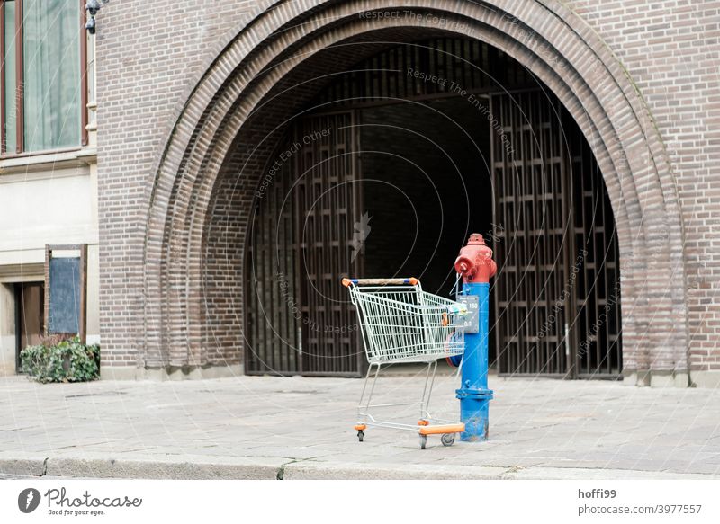 a shopping cart stands alone at a hydrant in the city Fire hydrant Shopping Trolley Downtown Goal Main gate Front door Still Life urban still life water hydrant