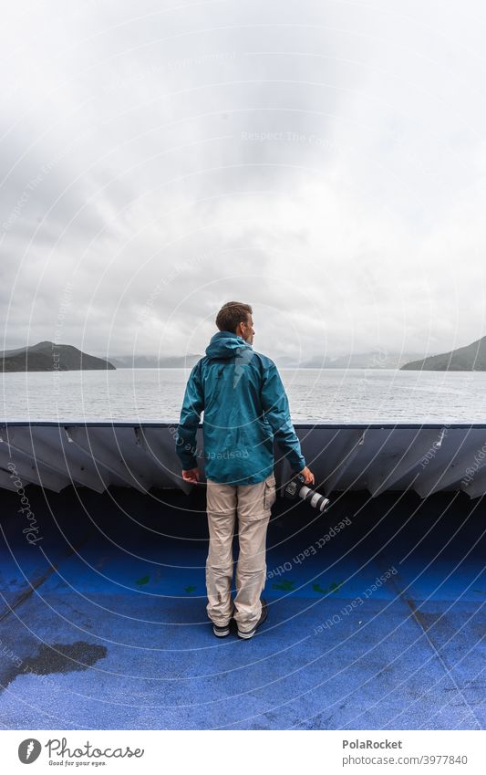 #AS# Land in sight II Navigation Red camera Exterior shot Blue Ocean Sky coast Islands Railing Wide angle Hope Future North Island Ferry Crossing travel