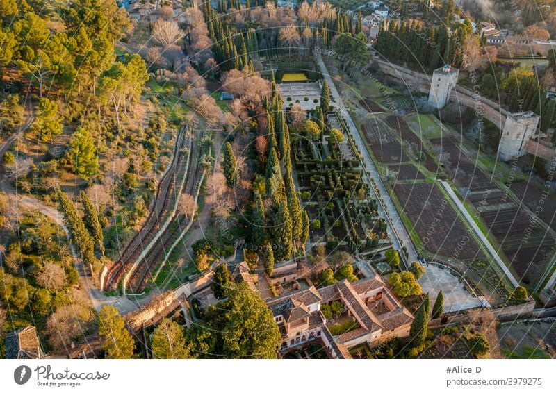 Luftaufnahme der Gärten von der Roten Festung Alhambra Granada Spanien above aerial albaicin alhambra alhambra palace ancient andalucia andalusia arabic arch