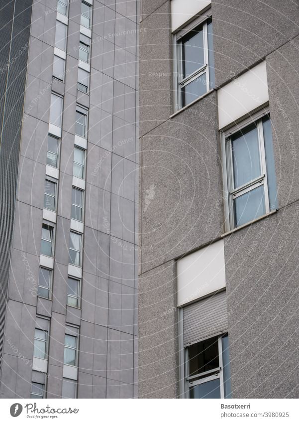 Detailed view of a modern prefabricated housing estate block of flats Gray Concrete Concrete slab Prefab construction Modern Old Gloomy bleak Cold Inhumane